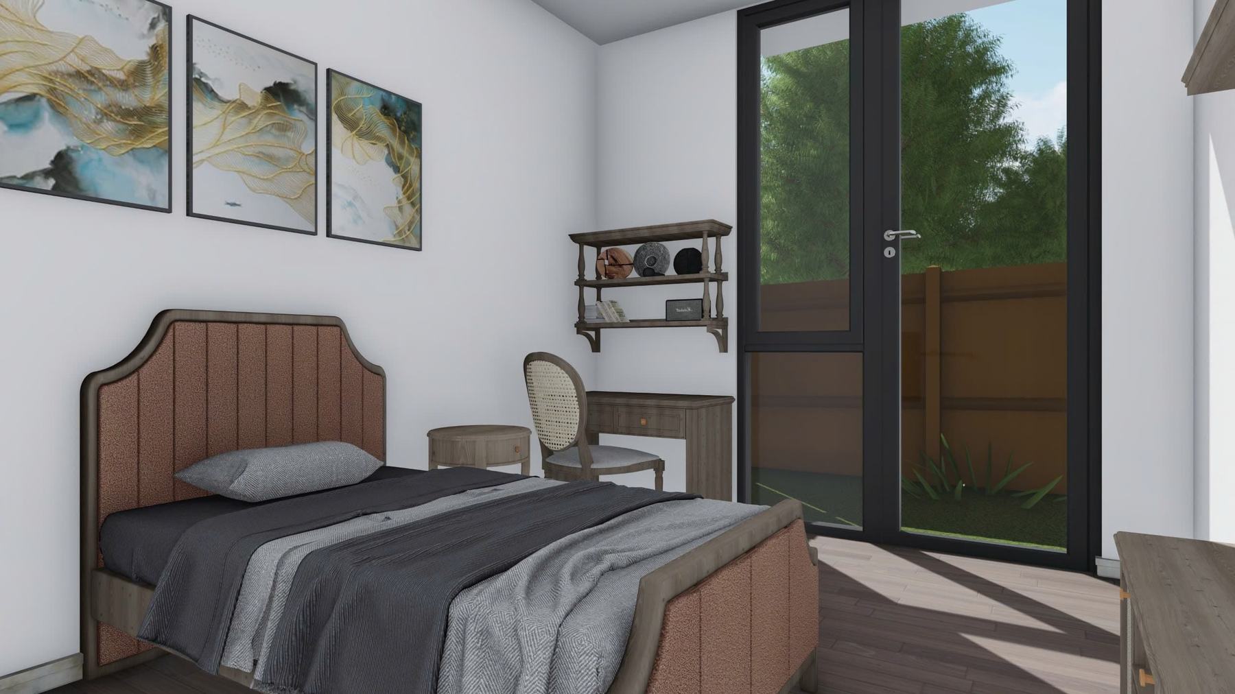 Bedroom with full-height glazed door to the garden