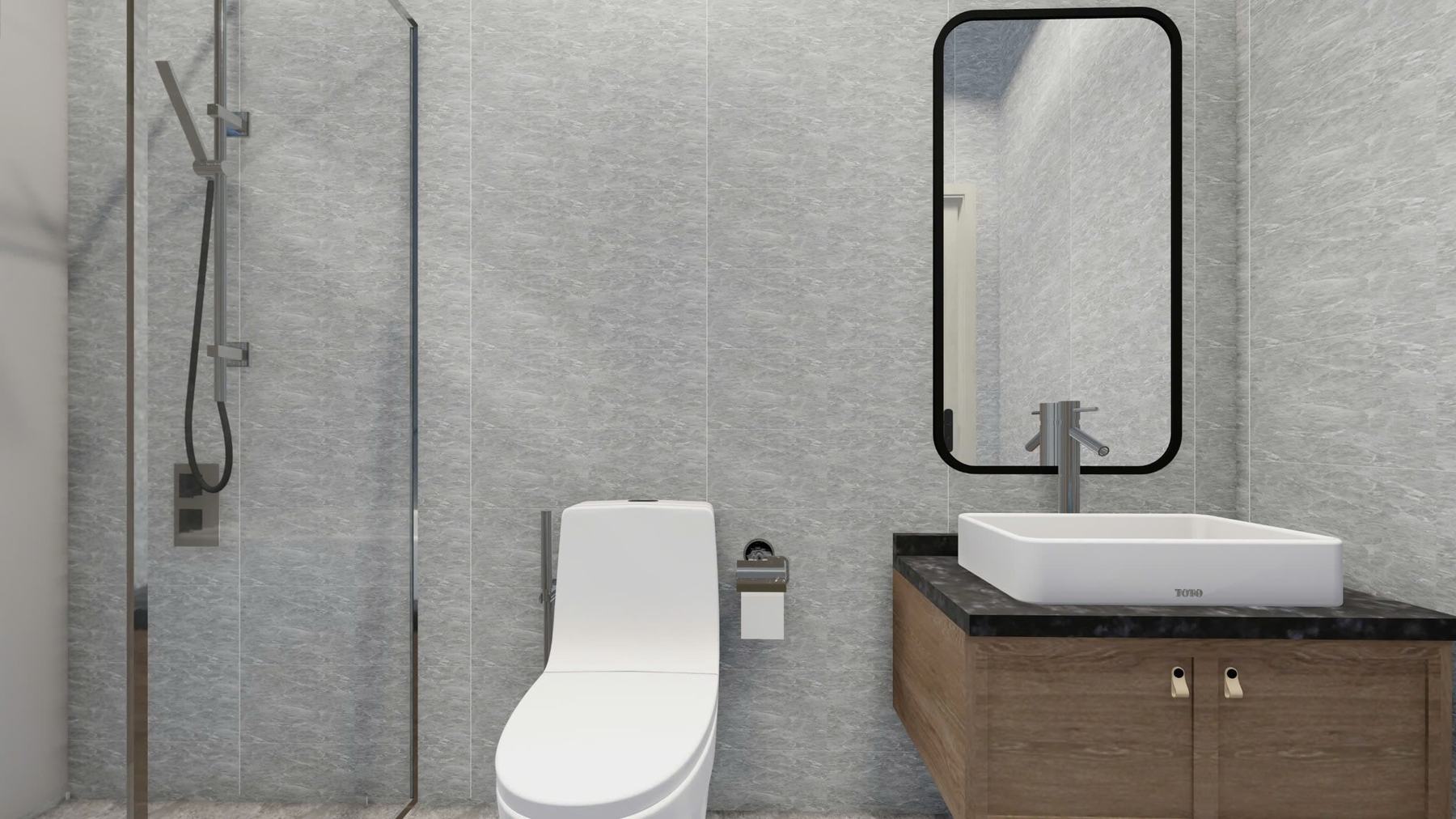 Ensuite with vanity, mirror and glazed shower