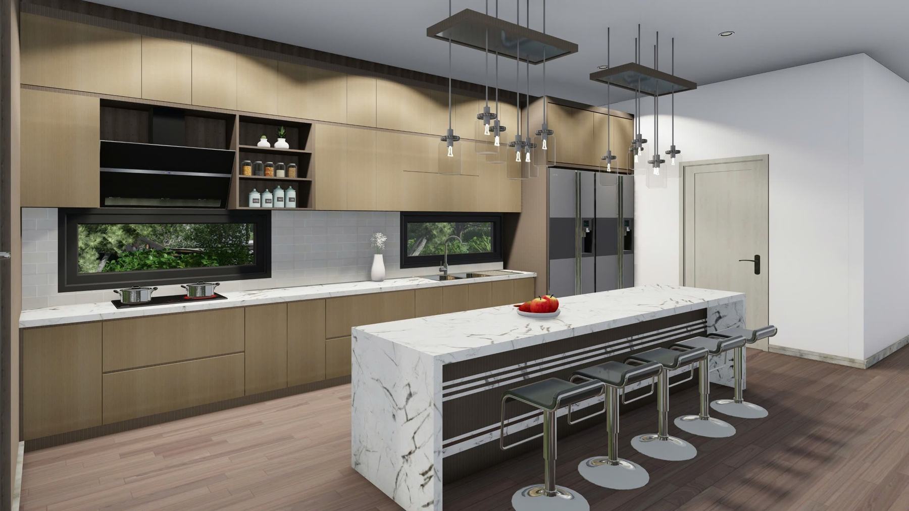 Shared kitchen with island bench and integrated appliances