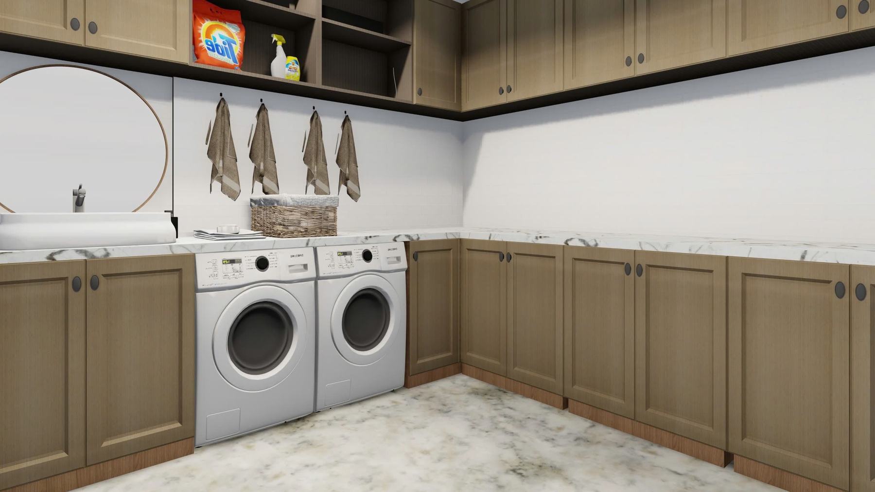 Laundry with cabinetry, twin machines and stone benchtop