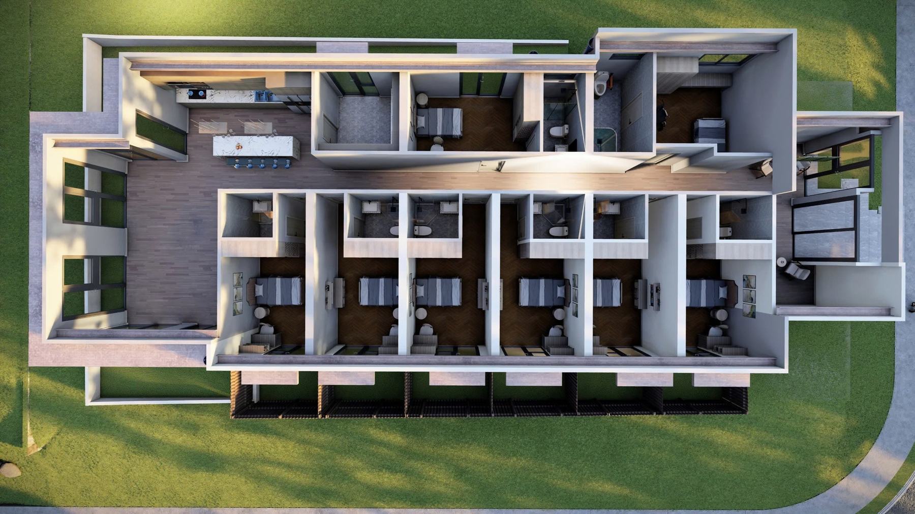 Cutaway top view of the flagship HMSP home — six bedrooms, shared kitchen and living space